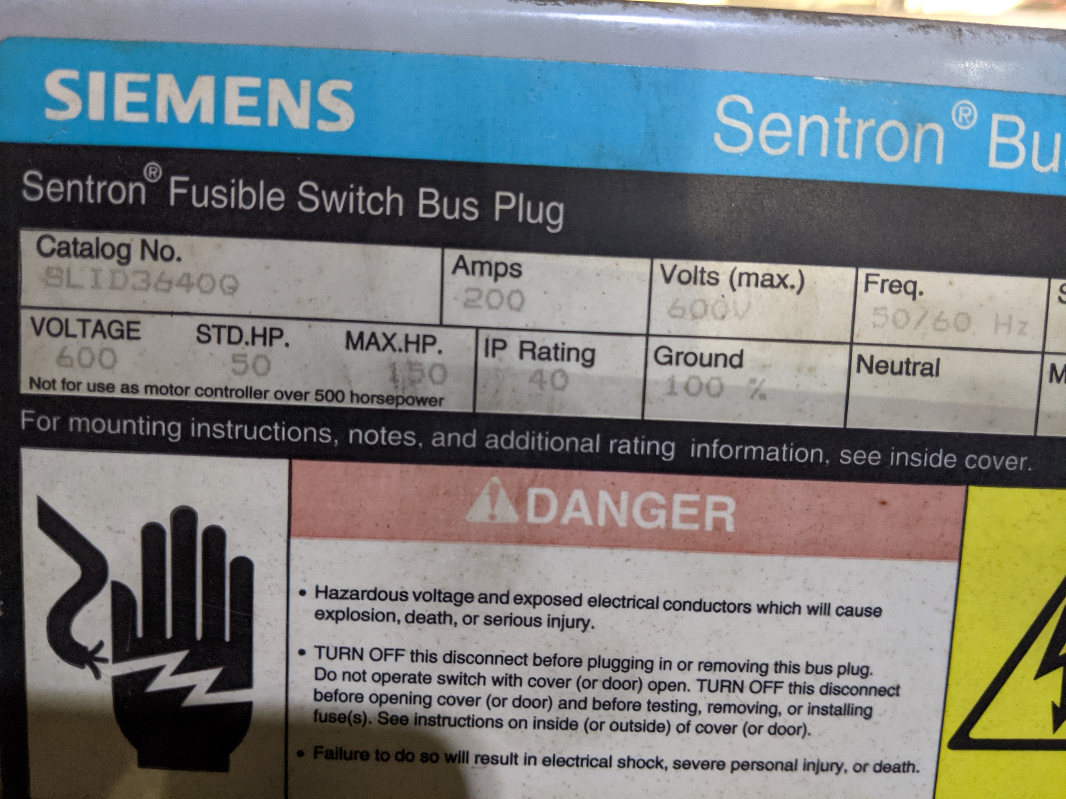 Siemens 200 Amp Bus Plug SLID3640G