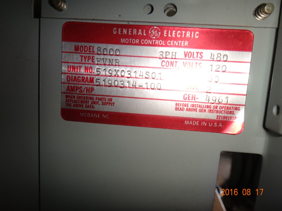 General Electric 8000 Series Size 2 Motor Control Bucket, Transamerican
